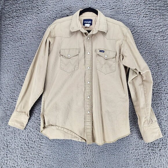Wrangler Shirt Mens Large Tan Long Sleeve Pearl Snap Brushpopper Western *Read* - Picture 1 of 10